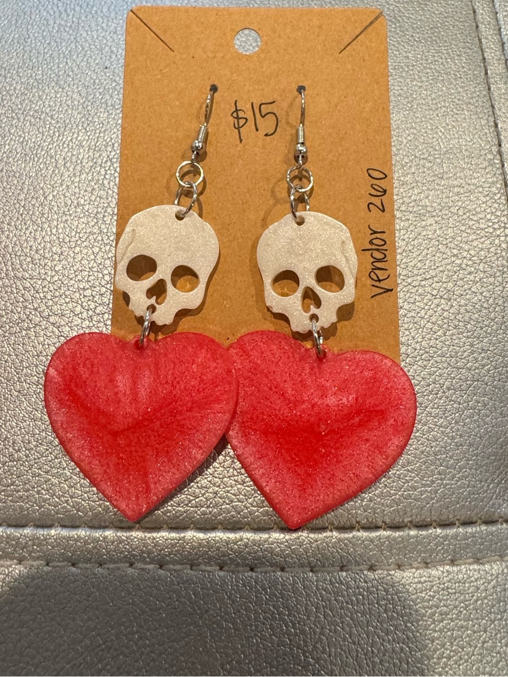 Dark Pink Heart & Skull Dangle Earrings